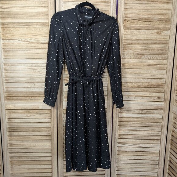 VINTAGE Strait Lane Black Polka Dot Midi Dress with Belt Size 12 - Picture 1 of 14